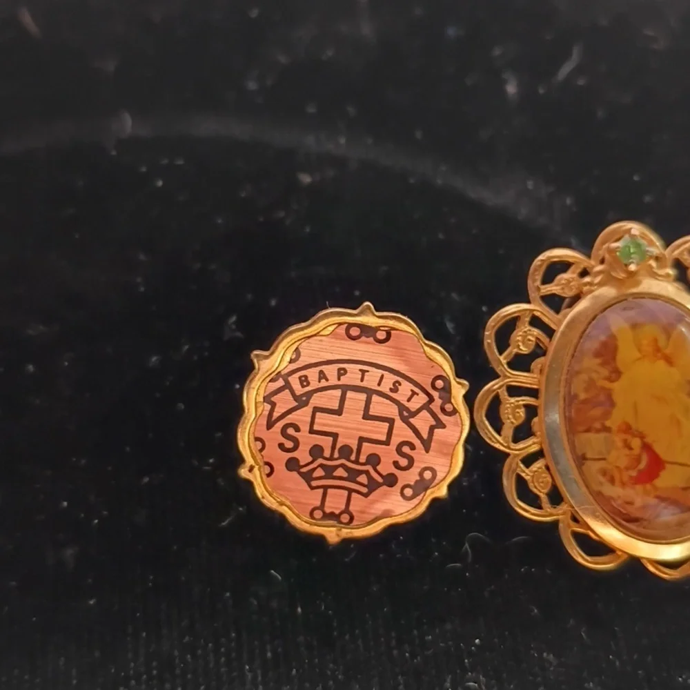 Gold Tone Angel Pendant with Green Gem, And Vintage Baptist Sunday School Pin.